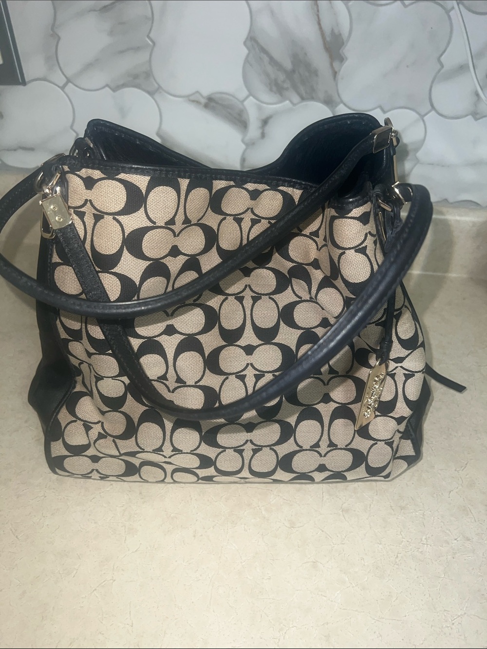 Coach Beige/Black Signature Canvas Shoulder Bag